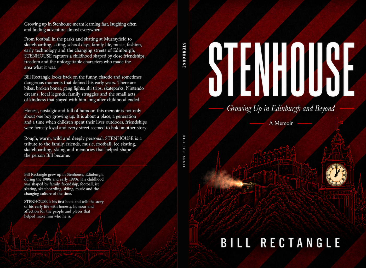 The supplied STENHOUSE book jacket, with black and crimson diagonal stripes and Edinburgh artwork